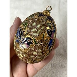 Cloisonne Enameled Egg Ornament Hummingbird Flowers Gold EUC Birds Christmas